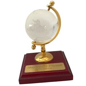 Miniature Glass Earth Spinning Globe Trophy On Wooden Base With Brass Accents